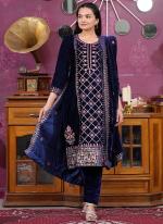 Velvet Blue Eid Wear Sequins Work Straight Suit